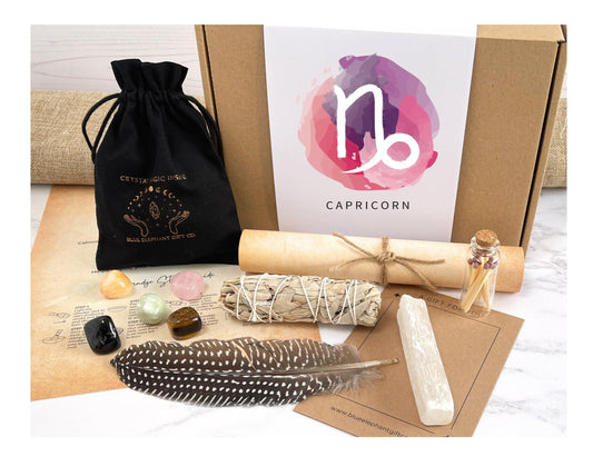 Capricorn crystal gift box, Birthday crystals, and sage smudge stick gift box, Crystal gift set, Zodiac Gift